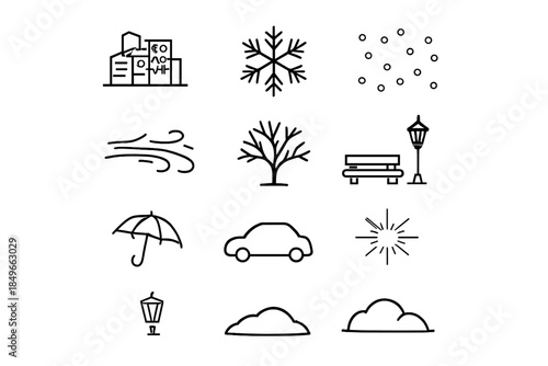 Snowy City Icons. City snow scene. Line outline icon set of City snow scene: buildings, tower block, snowflake