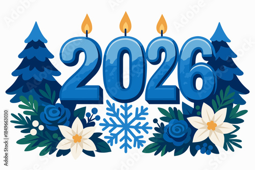 2026 blue candle numbers with snowflake and winter roses, festive new year marker with frosty florals, pine accents and warm flames