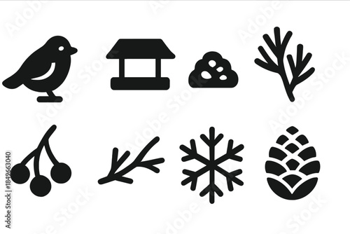 Winter Feeding Icons. Winter nature feeding. Filled icon set of winter nature feeding: bird, feeder tray, seed