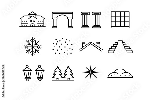 Winter Architectural Symmetry Icons. Winter symmetry in architecture. Line outline icon set of Winter symmetry