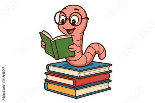 Tableau sur toile Cute Cartoon Worm Reading a Book on a Stack of Books