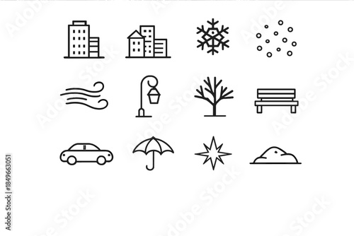 Snowy Urban Icon Set. Snowy urban landscape. Line outline icon set of Snowy urban landscape: tower block,