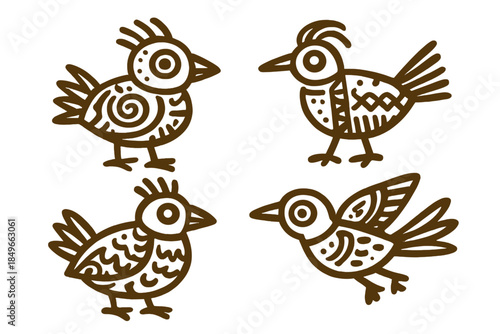 Four primitive, stylized birds on an orange gradient background