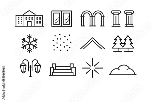 Winter Façade Icon Set. Winter balanced façades. Line outline icon set of Winter balanced façades: building