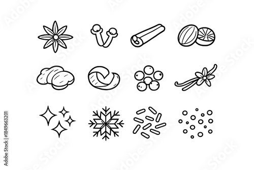 Winter Spice Icons. Winter flavor icons. Line outline icon set of Winter flavor icons: star anise, cloves,
