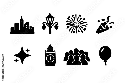 New Year's Eve Icons. New Year’s Eve city streets. Filled icon set of New Year’s Eve city streets: city