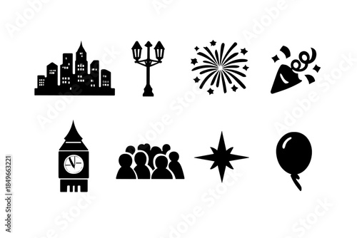 New Year's Eve Icons. New Year’s Eve city streets. Filled icon set of New Year’s Eve city streets: city