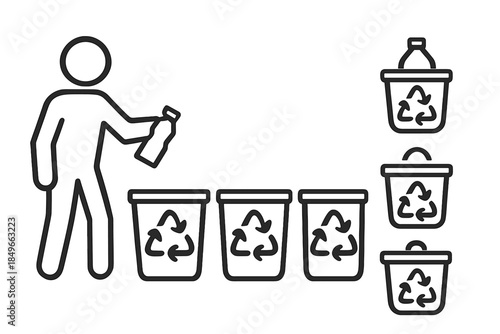 Person recycling a bottle in a row of recycling bins