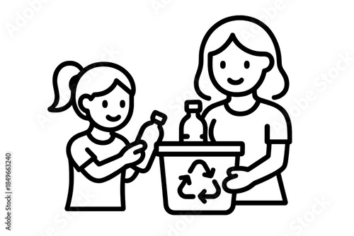 Parent and child recycling plastic bottles