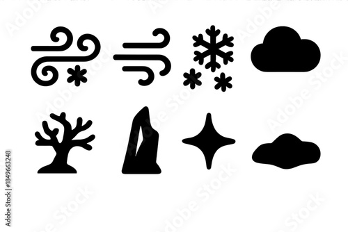 Blizzard Icon Set. Heavy blizzard icons. Filled icon set of heavy blizzard icons: swirling snow, wind gust,