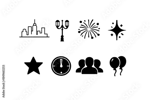 Minimal NYE Icons. Minimal NYE city set. Filled icon set of minimal NYE city set: skyline outline, lamp