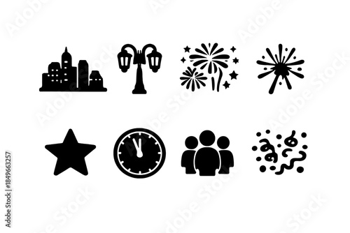New Year Icon Set. New Year in the city. Filled icon set of New Year in the city: skyline, lamp, fireworks,
