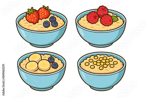 Four bowls of oatmeal with toppings