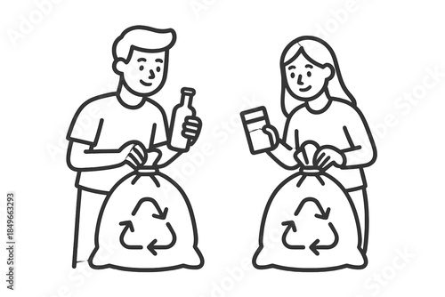 People recycling glass and plastic bottles