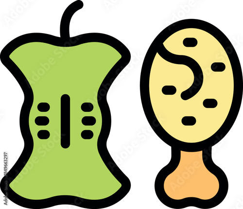 Green apple core and chicken drumstick bone symbolizing food waste, healthy diet, and making conscious food choices