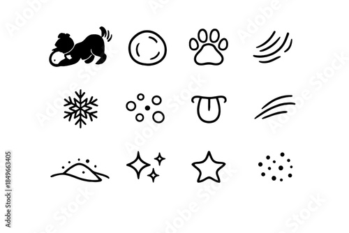 Playful Dog Icons. Dog playing with snowball. Line outline icon set of Dog playing with snowball: dog