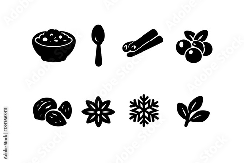 Winter Oatmeal Icons. Oatmeal with winter toppings. Filled icon set of oatmeal with winter toppings: bowl of