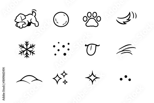 Playful Dog Icons. Dog playing with snowball. Line outline icon set of Dog playing with snowball: dog