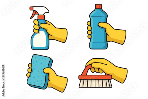Hands in yellow gloves holding cleaning supplies