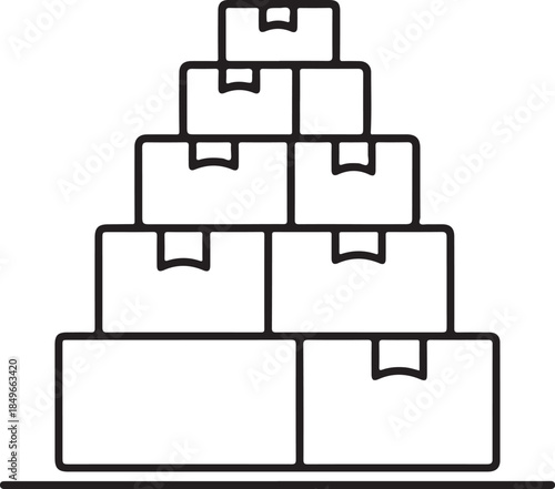 A simple black-and-white line art vector showing several cardboard boxes stacked into a pyramid shape. This icon represents bulk storage, inventory volume, or warehouse management.