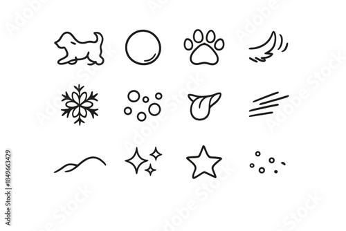 Snowball Playtime Icons. Snowball playtime. Line outline icon set of Snowball playtime: dog silhouette,
