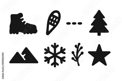 Snow Trekking Icons. Snow trekking icons. Filled icon set of snow trekking icons: hiking boot, snowshoe, trail