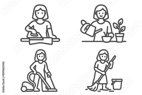 Set of four icons representing domestic chores