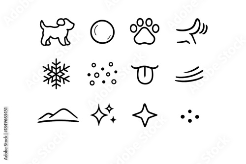 Winter Puppy Icons. Winter puppy icons. Line outline icon set of Winter puppy icons: dog silhouette, snowball,
