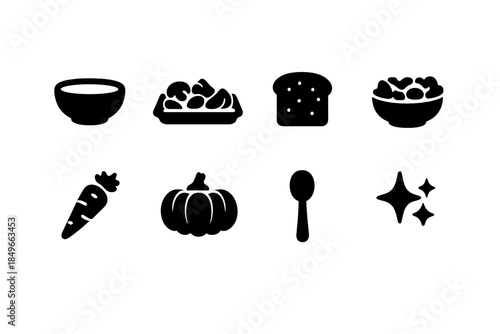 Cozy Vegan Icons. Cozy vegan dinner flat-lay. Filled icon set of cozy vegan dinner flat-lay: bowl, roasted