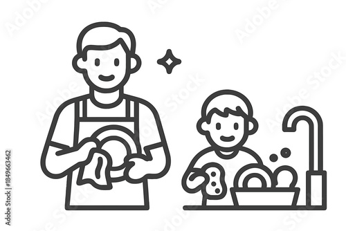 Father and son washing dishes together