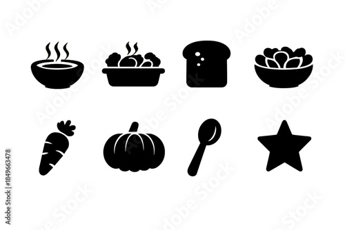 Vegan Winter Icons. Vegan winter cooking icons. Filled icon set of vegan winter cooking icons: soup, roasted