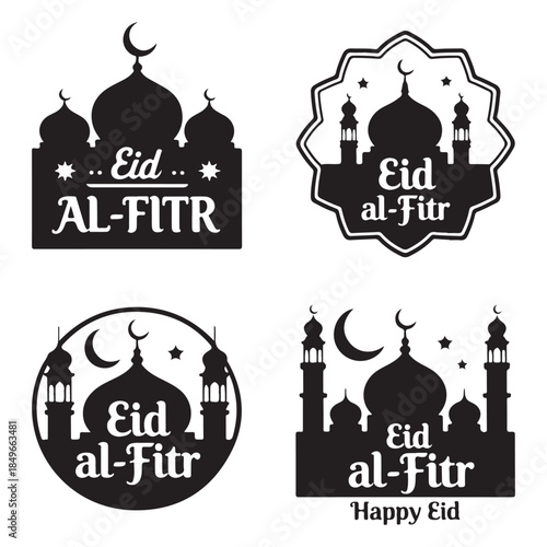 Print Collection of elegant eid al-fitr mosque silhouette designs with crescent moon and stars