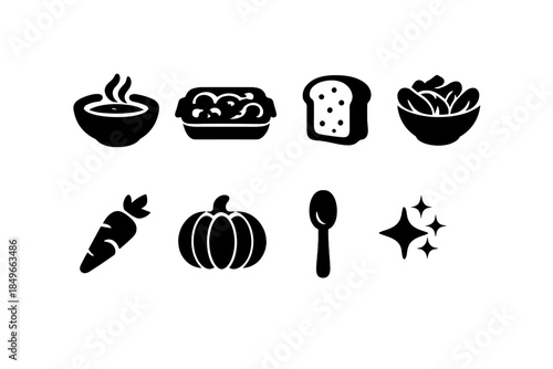 Winter Vegan Icons. Winter vegan feast flat-lay. Filled icon set of winter vegan feast flat-lay: soup bowl,