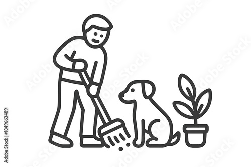 Person cleaning up after a dog next to a potted plant