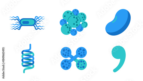 Abstract science icons featuring cells, molecules, and DNA inspired shapes in blue.