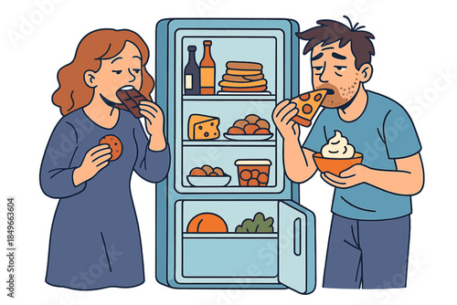 Couple eating junk food in front of an open refrigerator at night