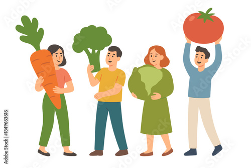 Diverse group of people holding fresh vegetables