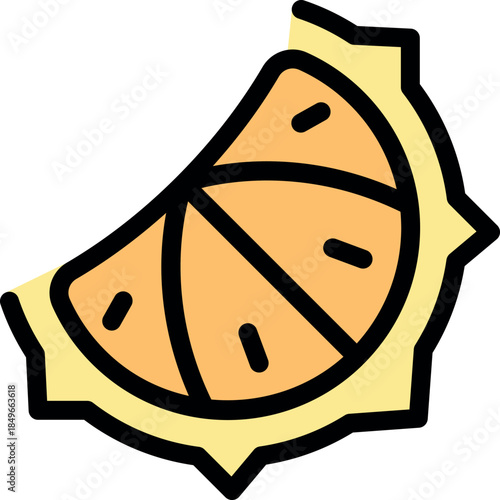 Close up view of a durian slice, highlighting the fruit's spiky rind and segmented orange flesh