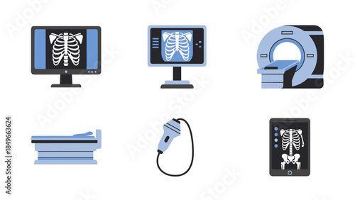 Collection of medical imaging equipment including monitors, scanners, and probes in a clinical setting.
