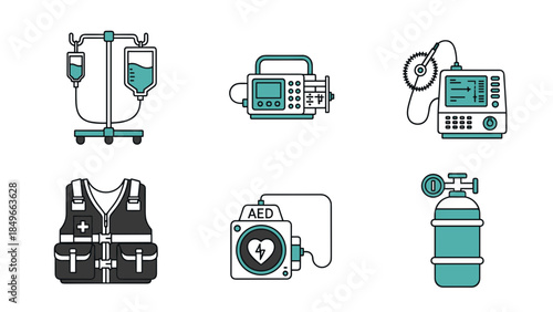Collection of medical equipment icons including IV stand, monitor, syringe, vaccine, vest, hospital devices and emergency care tools.
