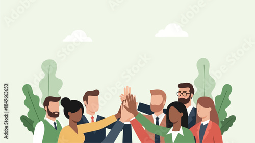 Dynamic Team of Diverse Professionals Sharing a High-Five, Representing Successful Collaboration, Mutual Support, and Collective Achievement in Business