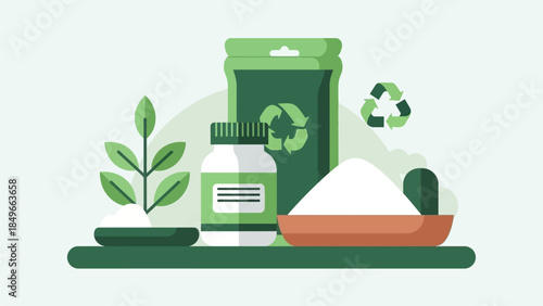 Modern illustration showcasing natural health supplements, plant-based nutrition, and eco-friendly packaging for sustainable wellness and conscious living