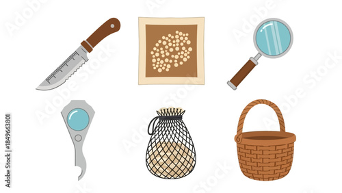 Collection of flat vector icons featuring everyday objects, tools, and containers for various design applications