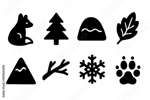 Forest Fox Icon Set. Forest fox scene. Filled icon set of forest fox scene: fox, pine, snow mound, frost leaf,