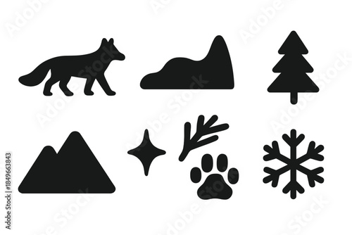 Winter Fox Icons. Winter fox journey. Filled icon set of winter fox journey: fox silhouette, snow drift, pine