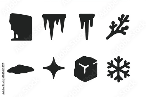 Frozen Cliff Icons. Frozen cliffs. Filled icon set of frozen cliffs: cliff silhouette, icicle formation, ice