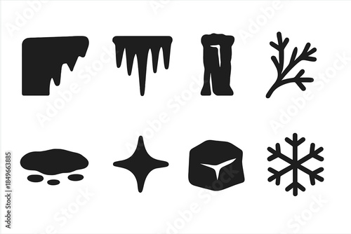 Frozen Cliff Icons. Frozen cliffs. Filled icon set of frozen cliffs: cliff silhouette, icicle formation, ice