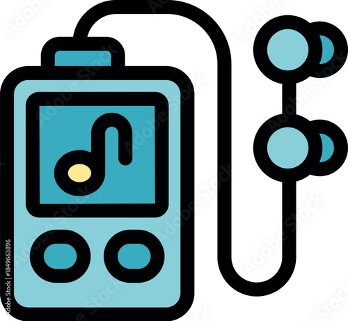 Music player displaying a musical note on its screen, connected to earphones, playing audio