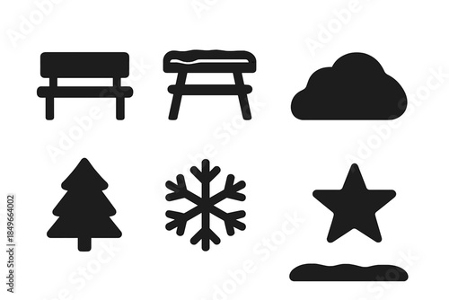Winter Seating Silhouettes. Winter seating silhouettes. Filled icon set of winter seating silhouettes: bench