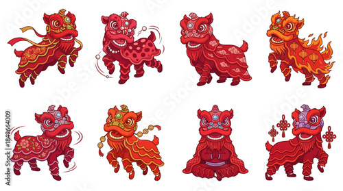 Eight vibrant red and orange Chinese lion dance figures in various dynamic poses, celebrating traditional culture and festive spirit.